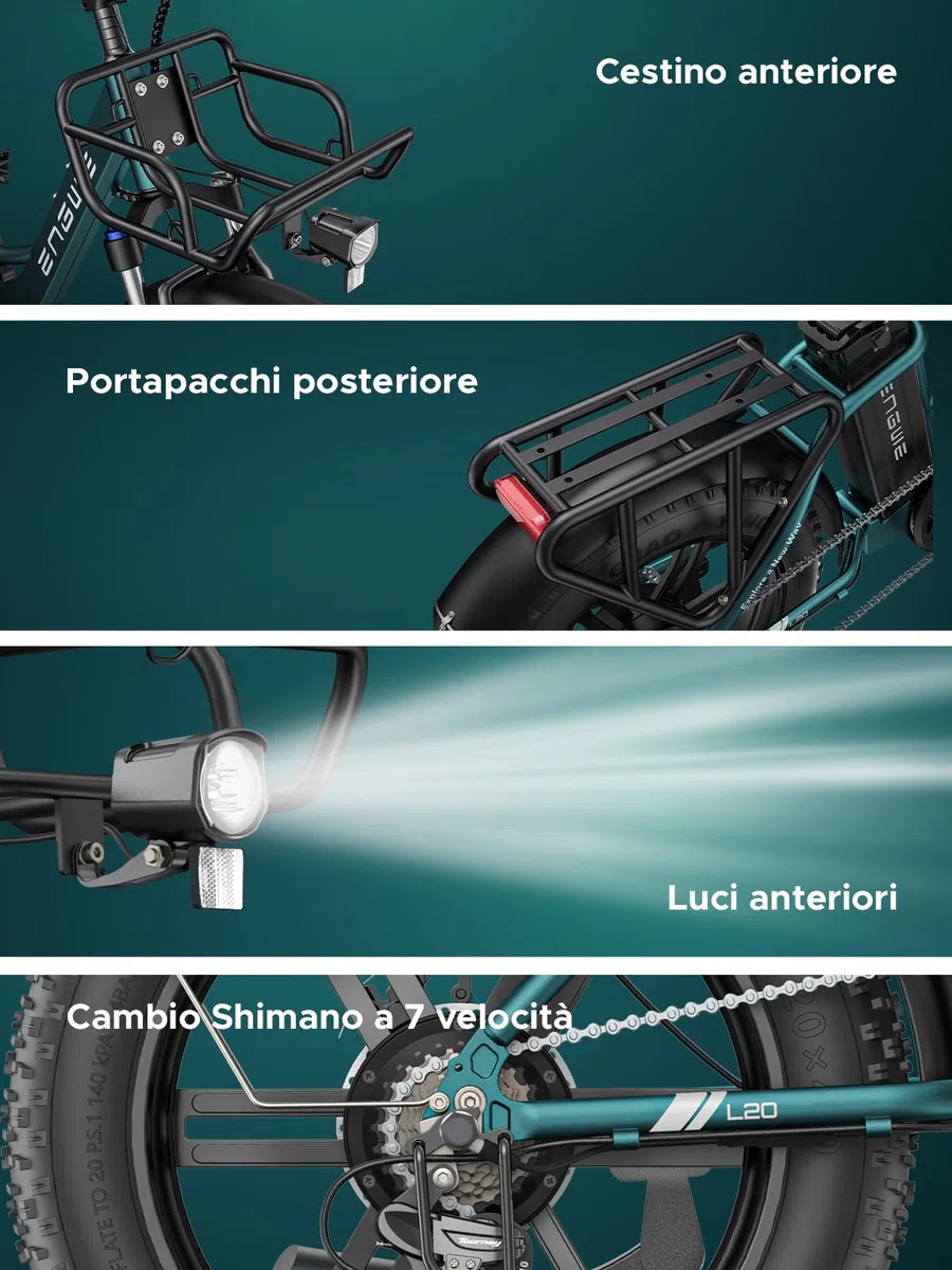 ENGWE Bicicletta Elettrica Adulto, 20'' ×4.0'' Fat Tire Bici Elettrica per Donna, 7 Velocità, 250W Batteria Rimovibile 48V 13Ah Autonomia bis zu 120 km L20/L20 BOOST
