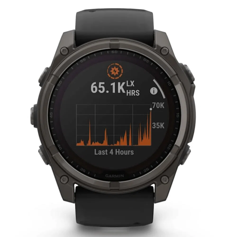 GARMIN FENIX 8-51 MM, SOLARE, ZAFFIRO GRIGIO CARBONIO DLC TITANIO CON SILICONE NERO/GRIGIO CIOTTOLO