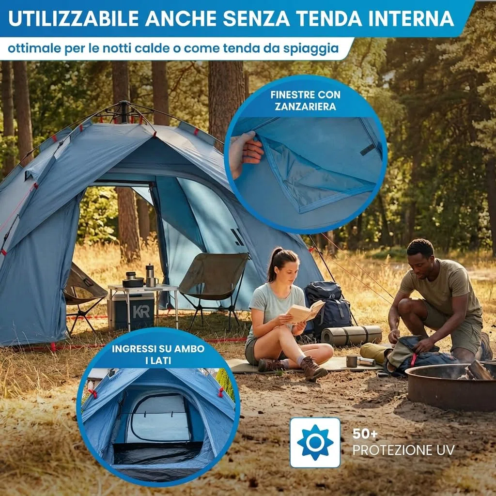 NORDMUT® Tenda Pop-Up 2-4 Persone – Montaggio Istantaneo, Impermeabile & Protezione UV – Tenda da Campeggio con Ottima Circolazione dell’Aria