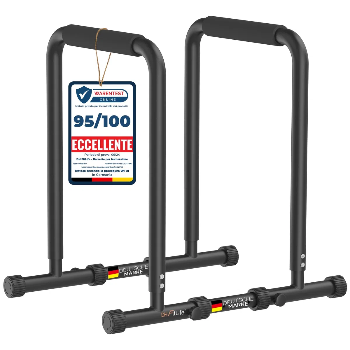 DH FitLife - Dip Parallele Calisthenics Robuste, Stabili e Versatili per Allenamento a Casa | Dip Station Regolabile in Tre Altezze (80/90/100 cm), Ideale per Parallele Dip, Push Up e Sviluppo Forza