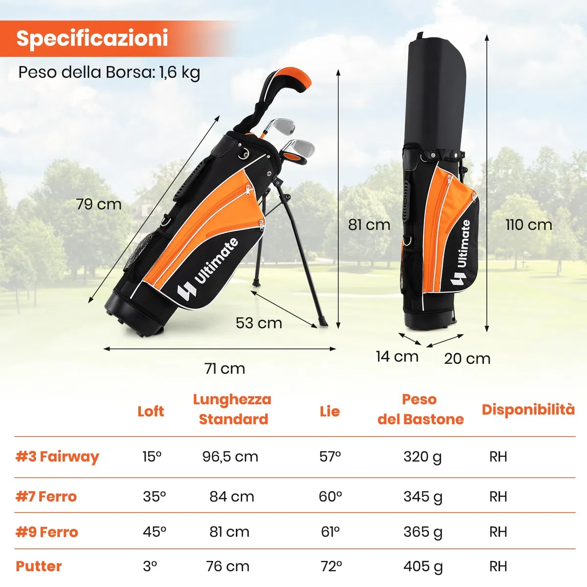 GYMAX Set Completo di Mazze da Golf per Bambini, Include 205CC #3 Fairway, Ferri #7 & #9, Putter, Copritesta, Sacca da Golf Portatile con Cappuccio Antipioggia, per Ragazzi 8-10/11-13 Anni