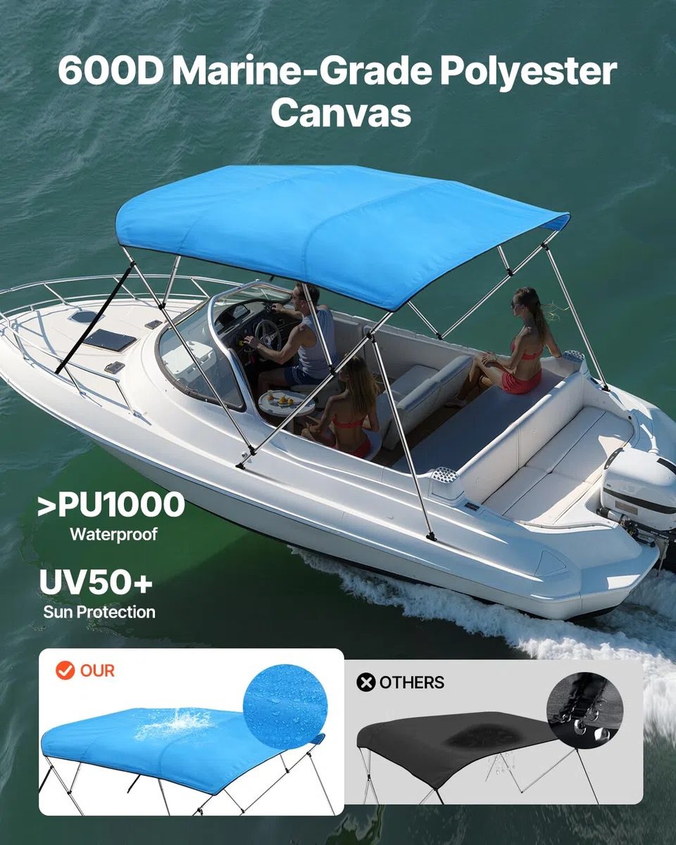 VEVOR Tendalino per Barca a 4 Archi in Poliestere 600D con Telaio in Lega di Alluminio, Tendalino Parasole Impermeabile per Barca con Borsa Portaoggetti, Larghezza 201 a 213 cm Blu Pacifico