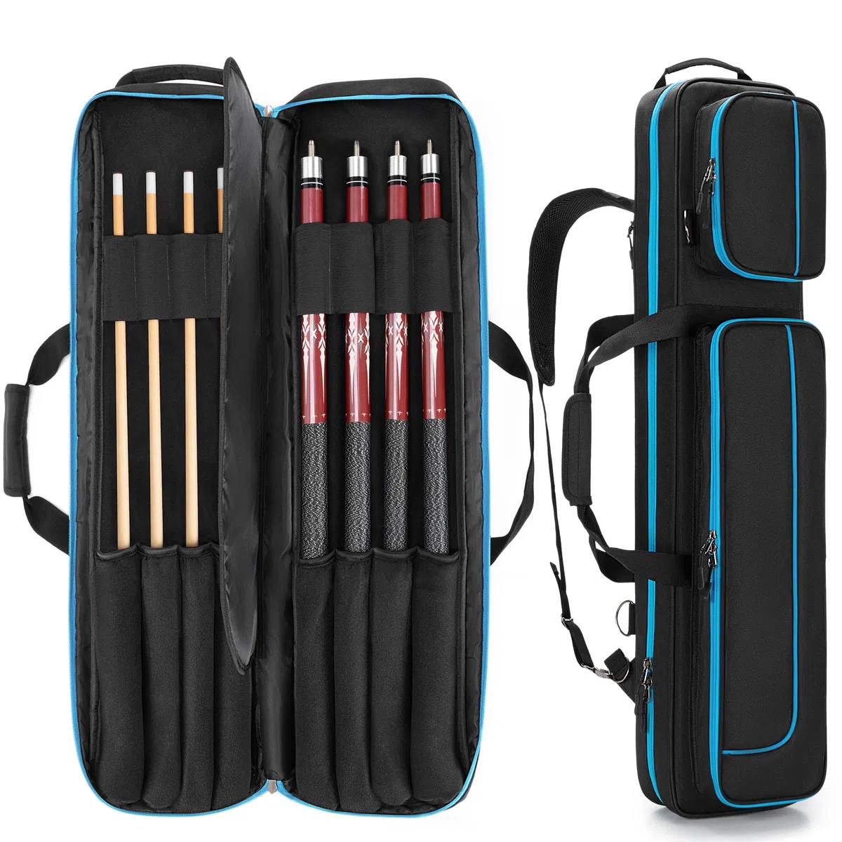 GOBUROS Custodia per stecche da biliardo 4x4 può contenere fino a 4 calci e 4 aste, custodia per stecche da biliardo con tasche frontali e spallacci