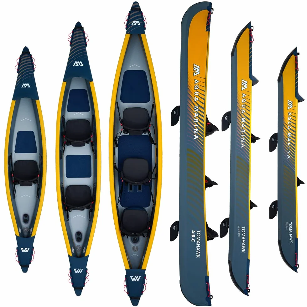 Aqua Marina Tomahawk AIR-C - Kayak/canoa gonfiabile ad alta pressione, per 2-3 persone, lunghezza 478 cm, colore: blu marino/giallo