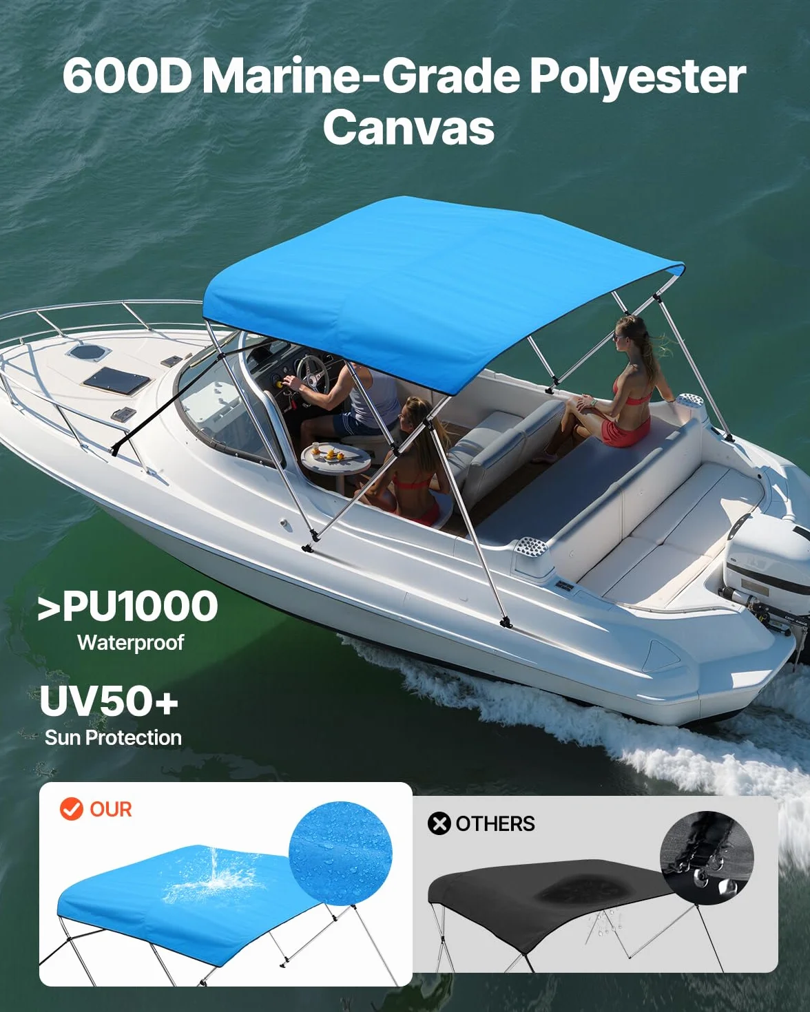 VEVOR Tendalino per Barca a 3 Archi in Poliestere 600D con Telaio in Lega di Alluminio, Tendalino Parasole Impermeabile per Barca con Borsa Portaoggetti, Larghezza 185 a 198 cm Blu Pacifico