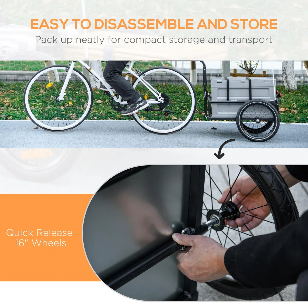 HOMCOM Rimorchio per bicicletta con cassetto portaoggetti estraibile pieghevole da 65 l, pneumatici e riflettori di sicurezza, carico massimo 40 kg, grigio