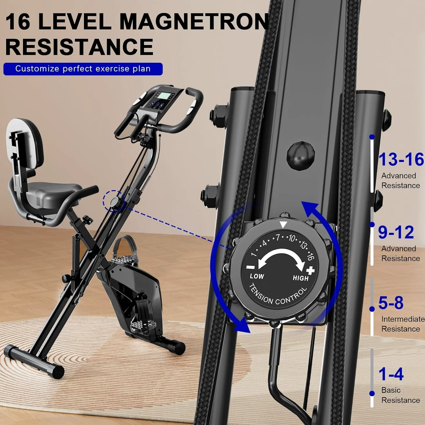 Dskeuzeew Cyclette Pieghevole da Casa 4 in 1, Bicicletta magnetica pieghevole, Cyclette 8 livelli di resistenza, monitor LCD e sensore di frequenza cardiaca
