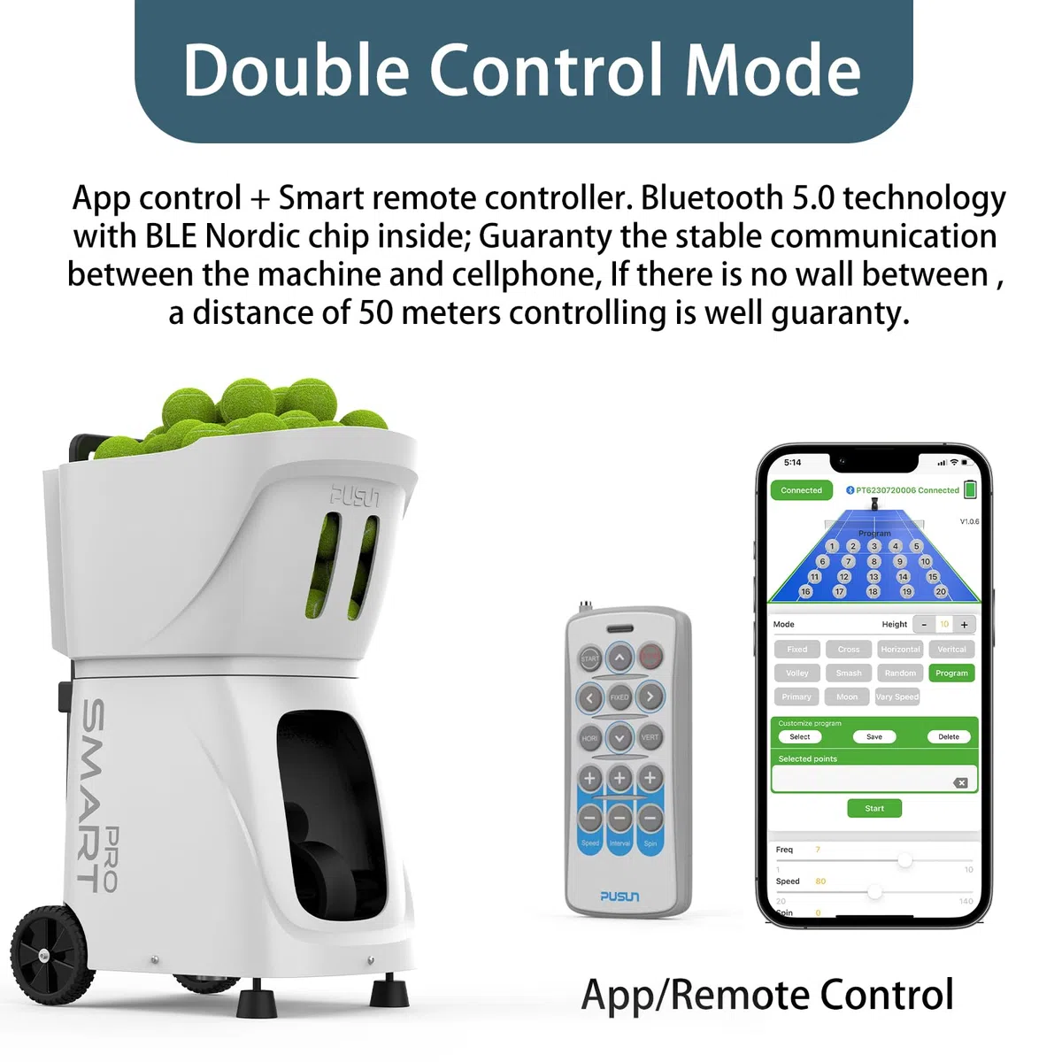 PUSUN Macchina intelligente per palline da tennis - Servizio automatico con controllo APP/telecomando/iWatch, 120 km/h, 28 punti di atterraggio, batteria 4-6H per allenamento/coaching