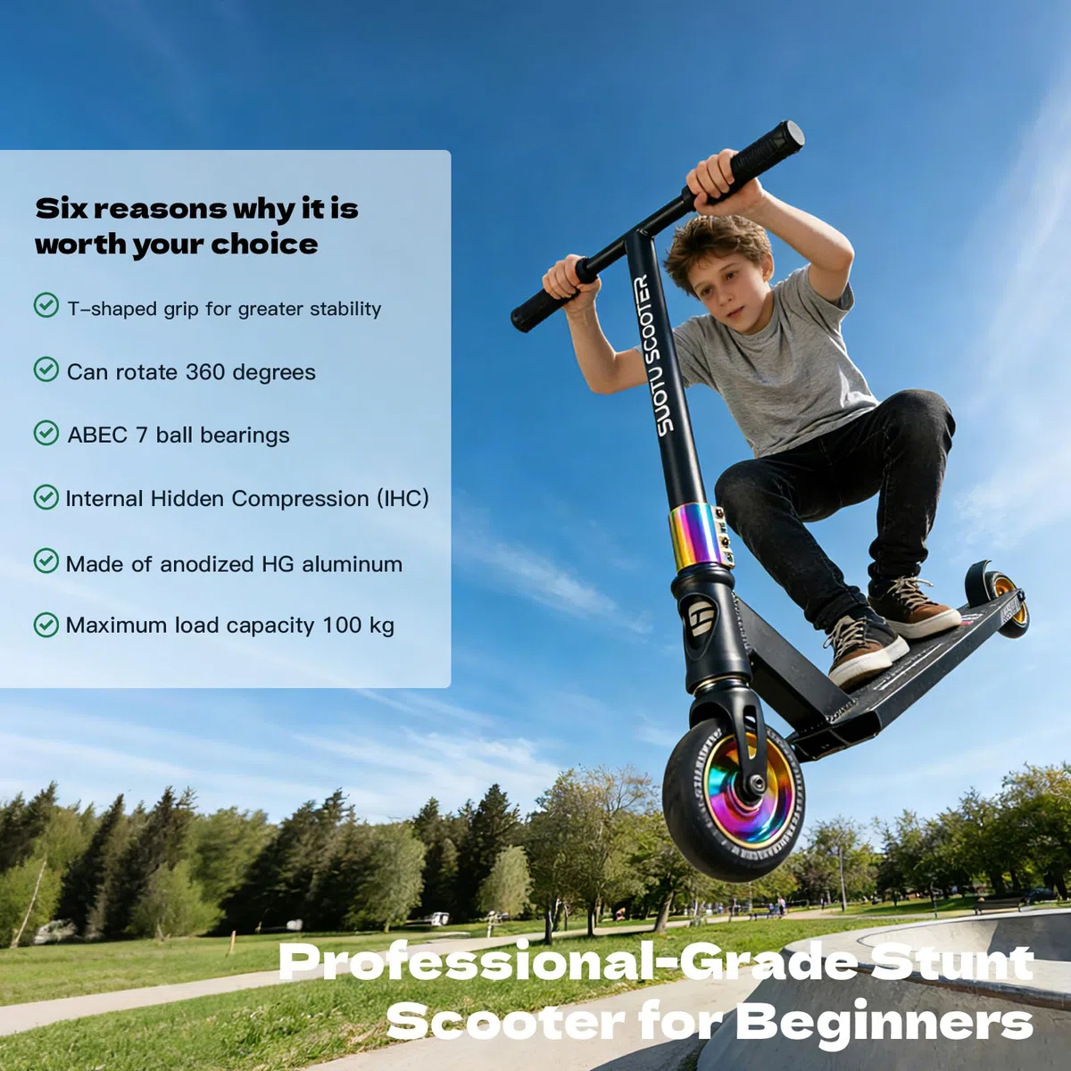 Monopattino Freestyle, Sterzo a 360°, Monopattino da Trick con Ruote in PU da 85A 100 mm, Stunt Scooter per Bambini Adolescente e Adulti, Capacità di Carico: 100 kg, Alluminio (Nero– Arcobaleno)