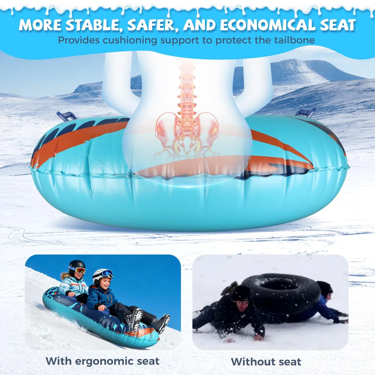 Tubo da neve con fune di traino trainabile, slitta gonfiabile heavy duty per 2 persone per bambini e adulti, di alta qualità, resistente all'abrasione, con fondo ispessito, tubi per slittino