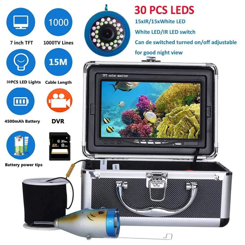 Ecoscandaglio da Pesca con 7 pollici TFT Monitor 30 LED Impermeabile Telecamera Subacquea da Pesca 15M Telecamera da Ecoscandaglio Portatile per Pesca su Ghiaccio, Lago e Barca