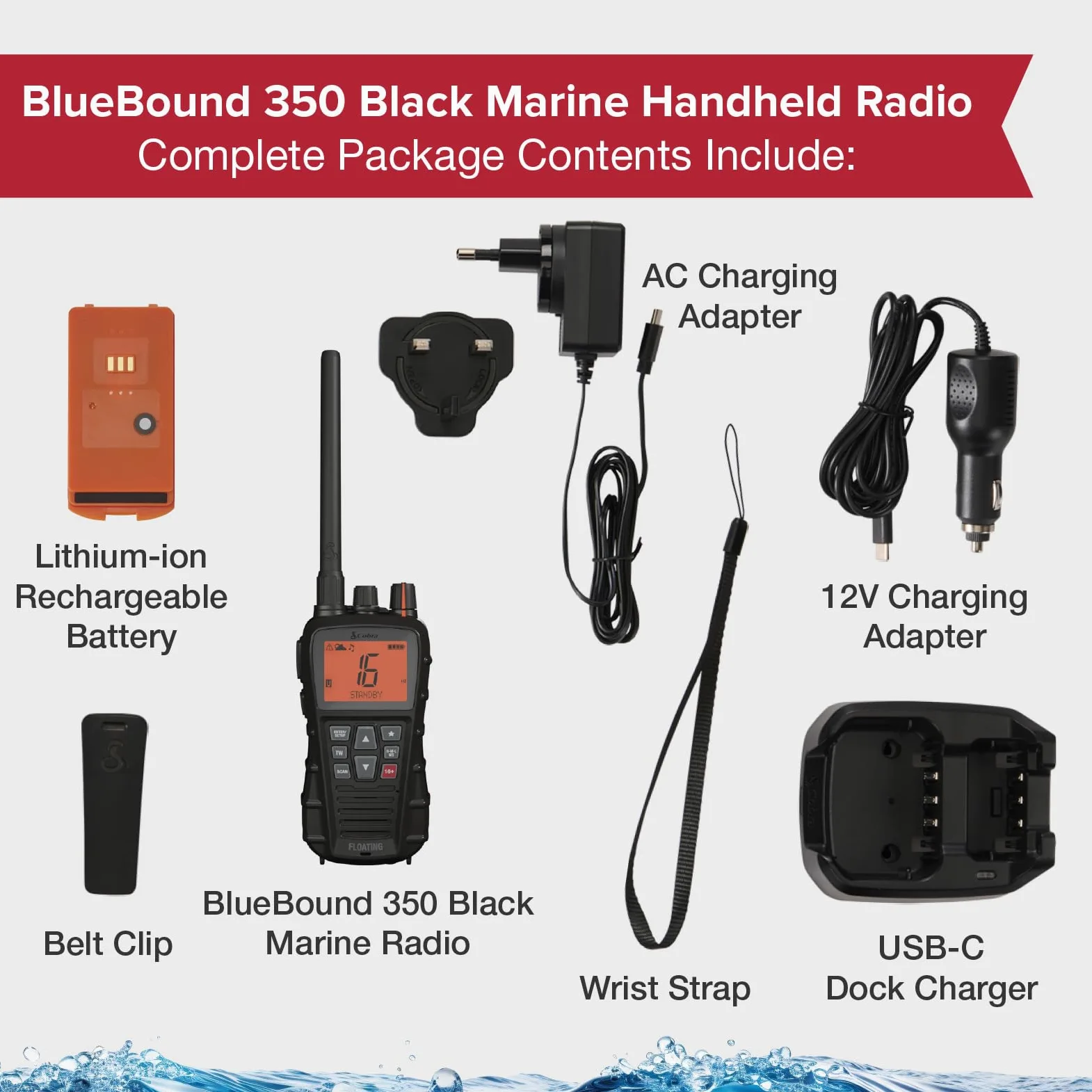 Cobra BlueBound 350 - Radio VHF marina portatile galleggiante da 6 Watt, galleggiante n' Flash, impermeabile IPX7, sommergibile, display LCD giorno/notte, scansione di memoria, Tri-Watch, nero