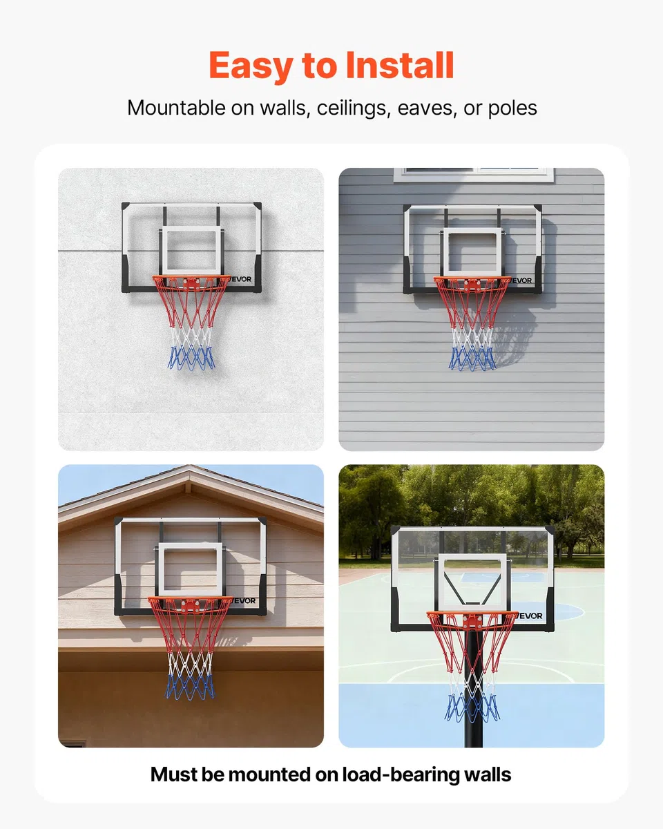 VEVOR Canestro Basket Esterno Interno con Tabellone in PC da 1117,6 mm e Tabellone con Spessore di 2 mm, Rete in Nylon Intrecciato Spesso, Canestro da Basket Peso di 10 kg Professionale e Divertente