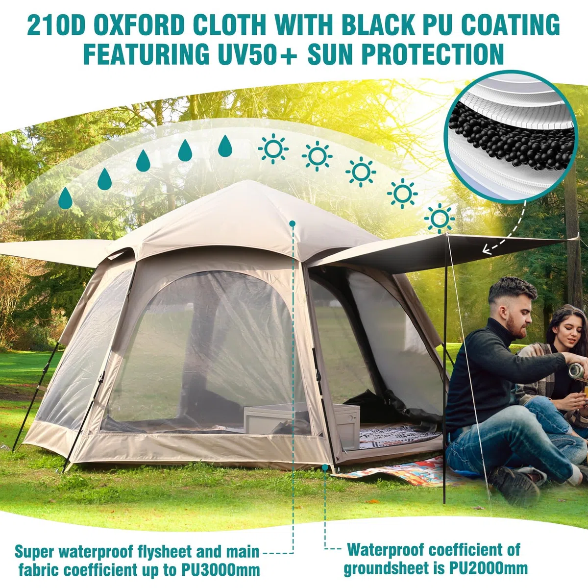 Chihee Tende da campeggio Pop Up Tenda esagonale Installazione facile Instant famiglia cabina con parapioggia Impermeabilizzazione Protezione UV A prova di vento Rifugio all'aperto