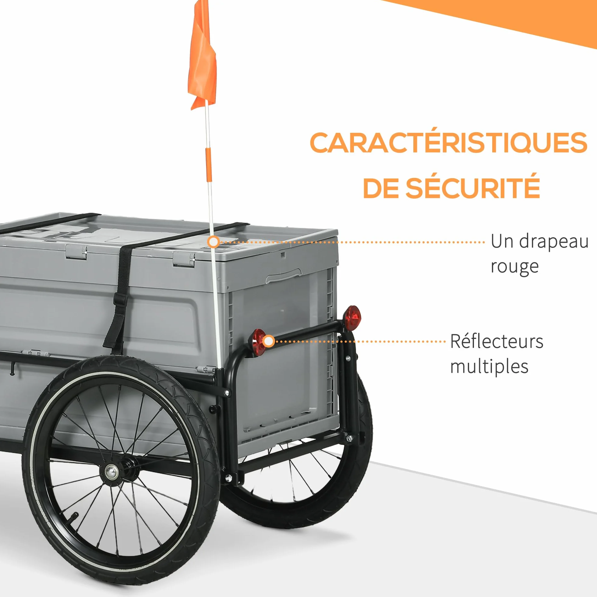 HOMCOM Rimorchio Carrello da bicicletta con vano portaoggetti rimovibile e pieghevole da 65 l, pneumatici e riflettori di sicurezza, carico massimo 40 kg, grigio