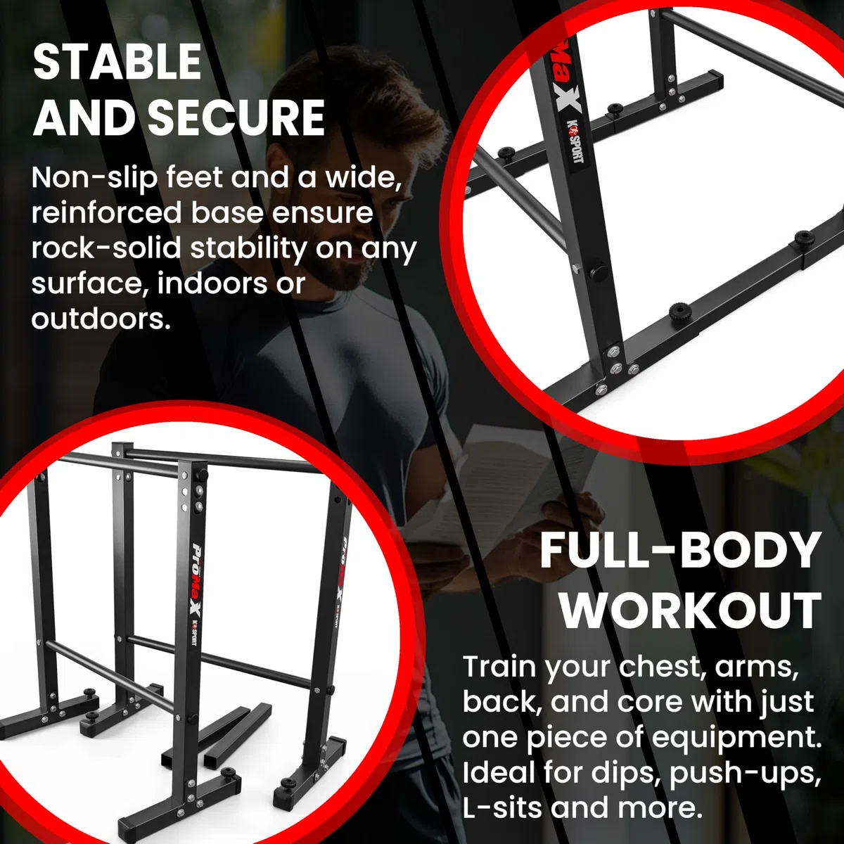 K-Sport - Stazione per affondi, con barre parallele, per piegamenti in verticale, attrezzo stabile e regolabile, per esercizi e fitness, per la palestra in casa