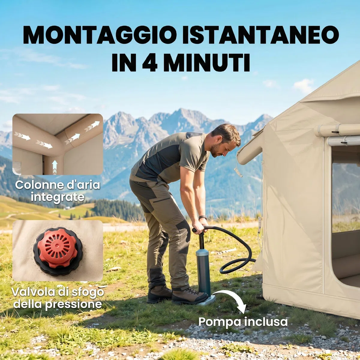 Outsunny Tenda da Campeggio Gonfiabile con Pompa per 6-8 Persone, Tenda Campeggio Impermeabile 3000mm Antivento, con Apertura per Stufa, Tetto Rimovibile e Pavimento Cucito, Montaggio Rapido, Cachi