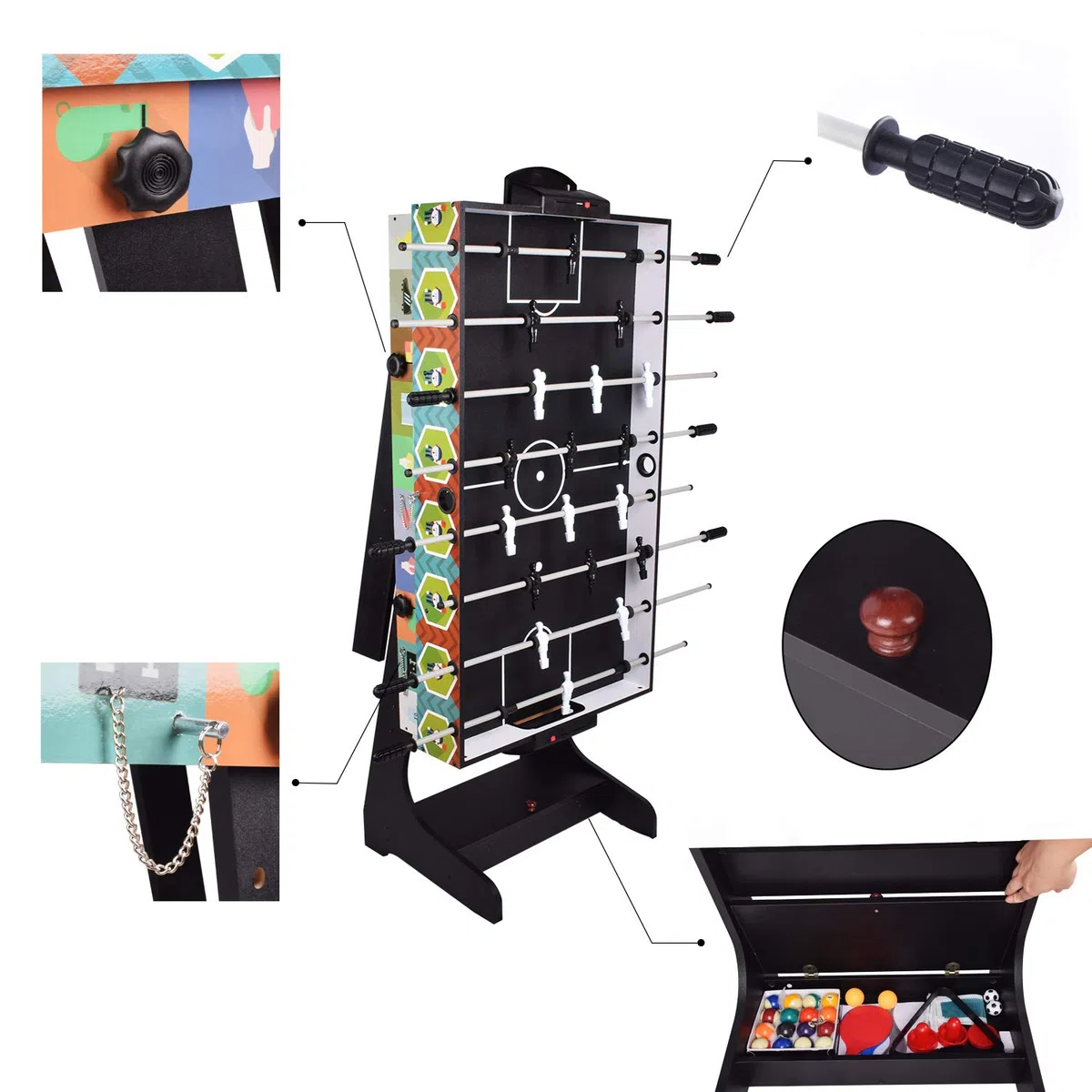 Tavolo da Gioco Pieghevole 4 in 1 Muliti: Biliardo/Snooker, Calcio, Ping Pong, Hockey ad Aria Con Scatola Portaoggetti, 1,2 m