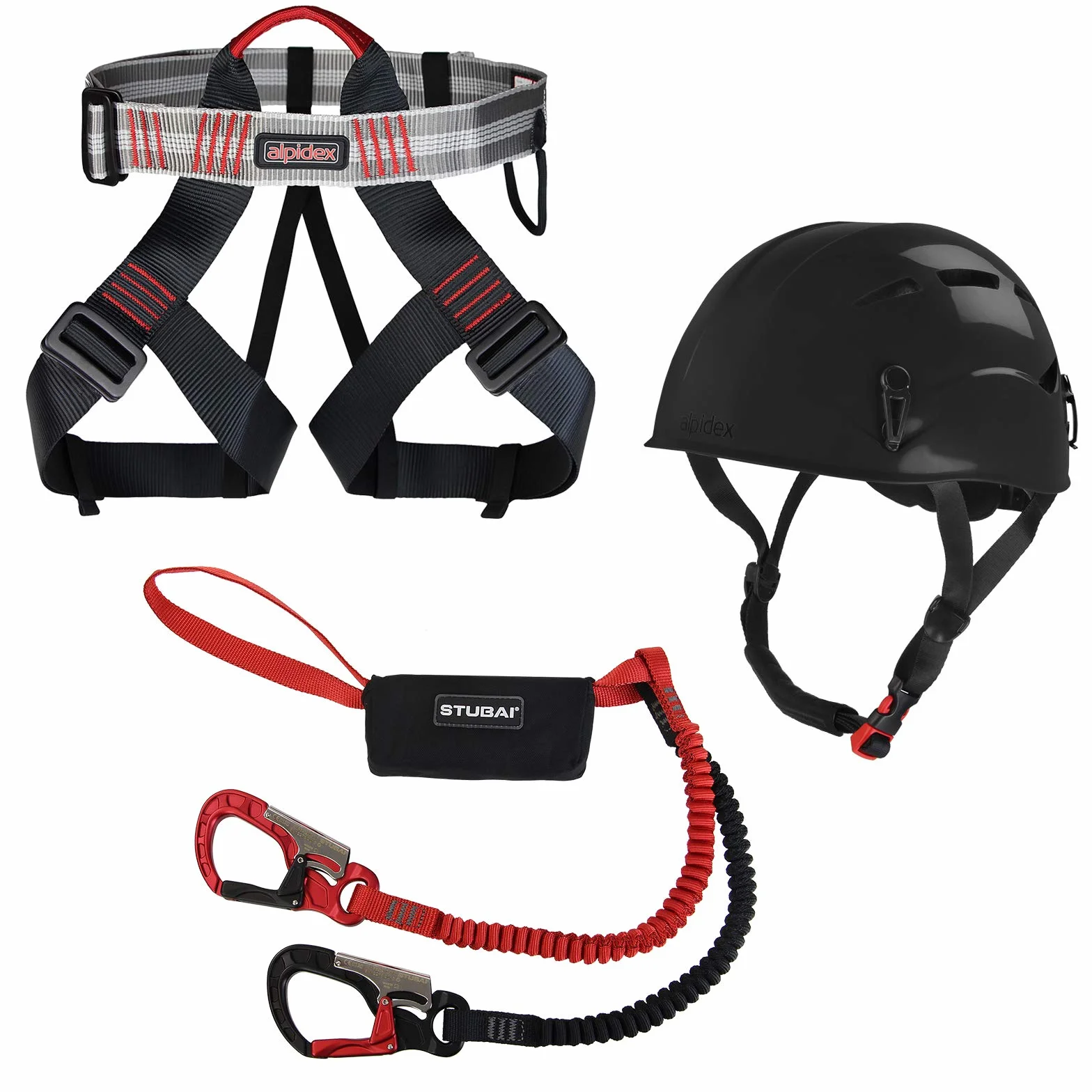 ALPIDEX Casco universale per arrampicata + ALPIDEX Imbracatura + Stubai Set da Via Ferrata BASIC 3.0 - Casco: black, Imbracatura: red