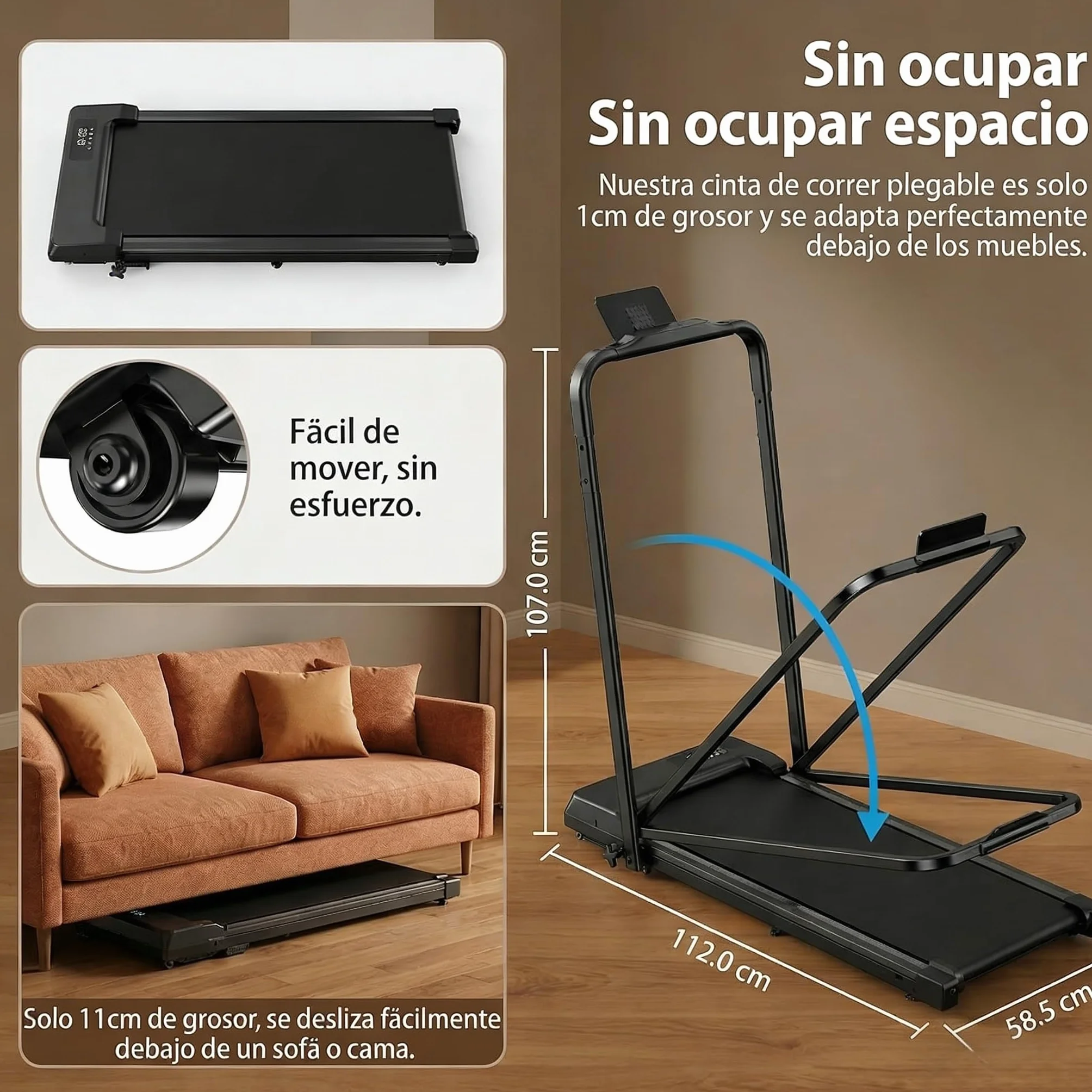 Tapis roulant per casa pieghevole – Upgraded Durevole & Portatile Elettrico Treadmill per Home Fitness con forte supporto a ventosa e telecomando, max 10 km/h per Cardio & Walking (nero)