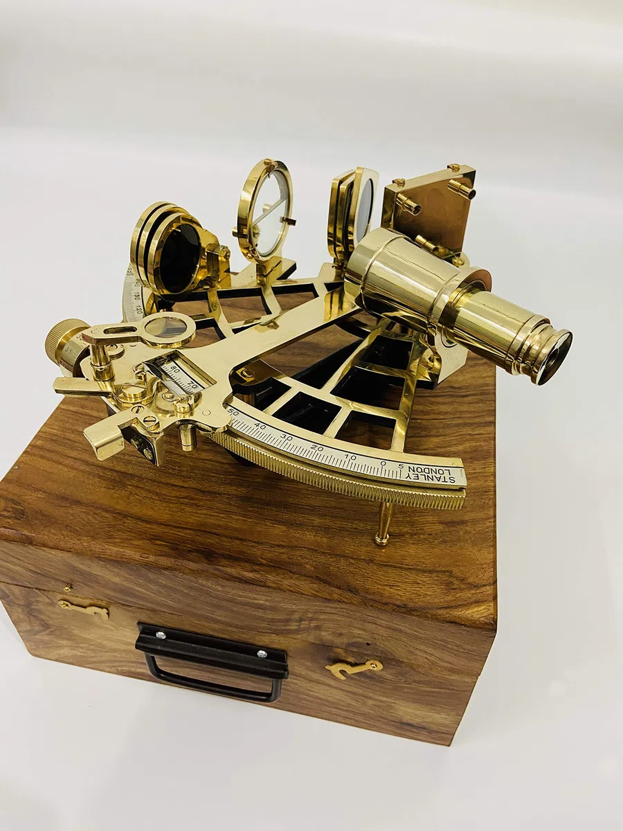Sestante nautico in ottone da 23 cm fatto a mano e lucidato con scatola di legno | Sestante per navigazione | Vero sestante | Astrolabio nautico antico vintage collezionabile regalo