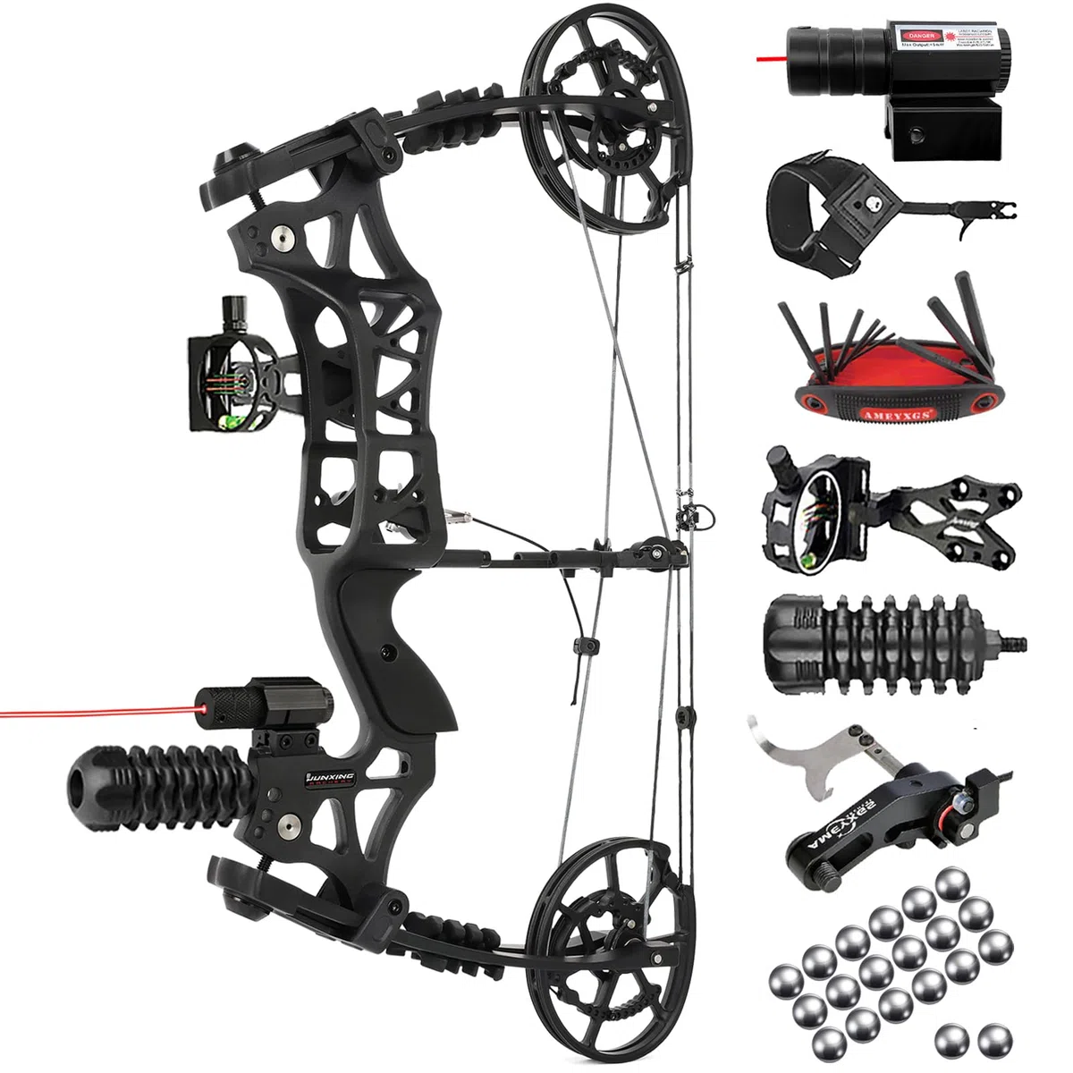 Kit Arco Composto da Caccia Adulti / 20" Doppio Uso per Frecce & Palle Acciaio/Potenza Regolabile 40-70 lbs/Velocità 330 FPS/Nero Destro-Mancino