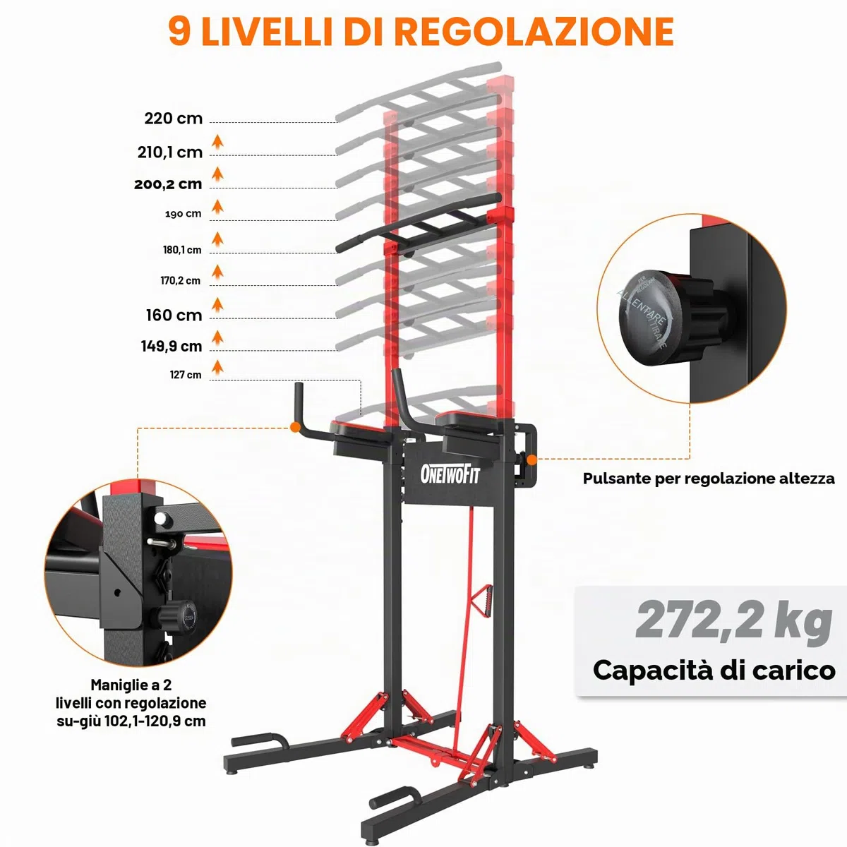ONETWOFIT Power Tower pieghevole Dip Station Barra per trazioni, Regolabile in altezza Multifunzione stazione di potenza per la Palestra di casa Allenamento Ginnastica espandibile (BLACK-2)