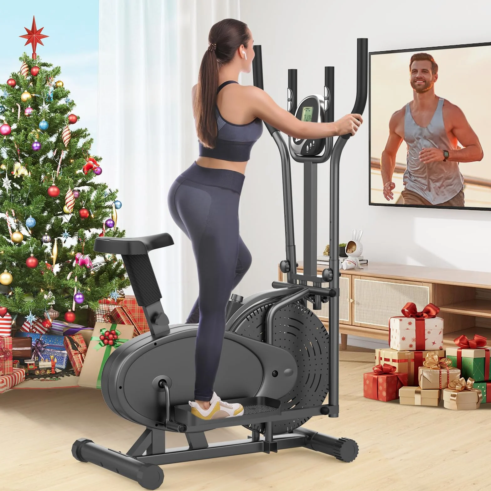 Ellittiche, 2 in 1 Ellittica e Cyclette con Sedile, Monitor LCD, Resistenza regolabile, Pedali Antiscivolo, Macchina per l'allenamento Ellittico, Stepper per l'allenamento Cardio da Casa