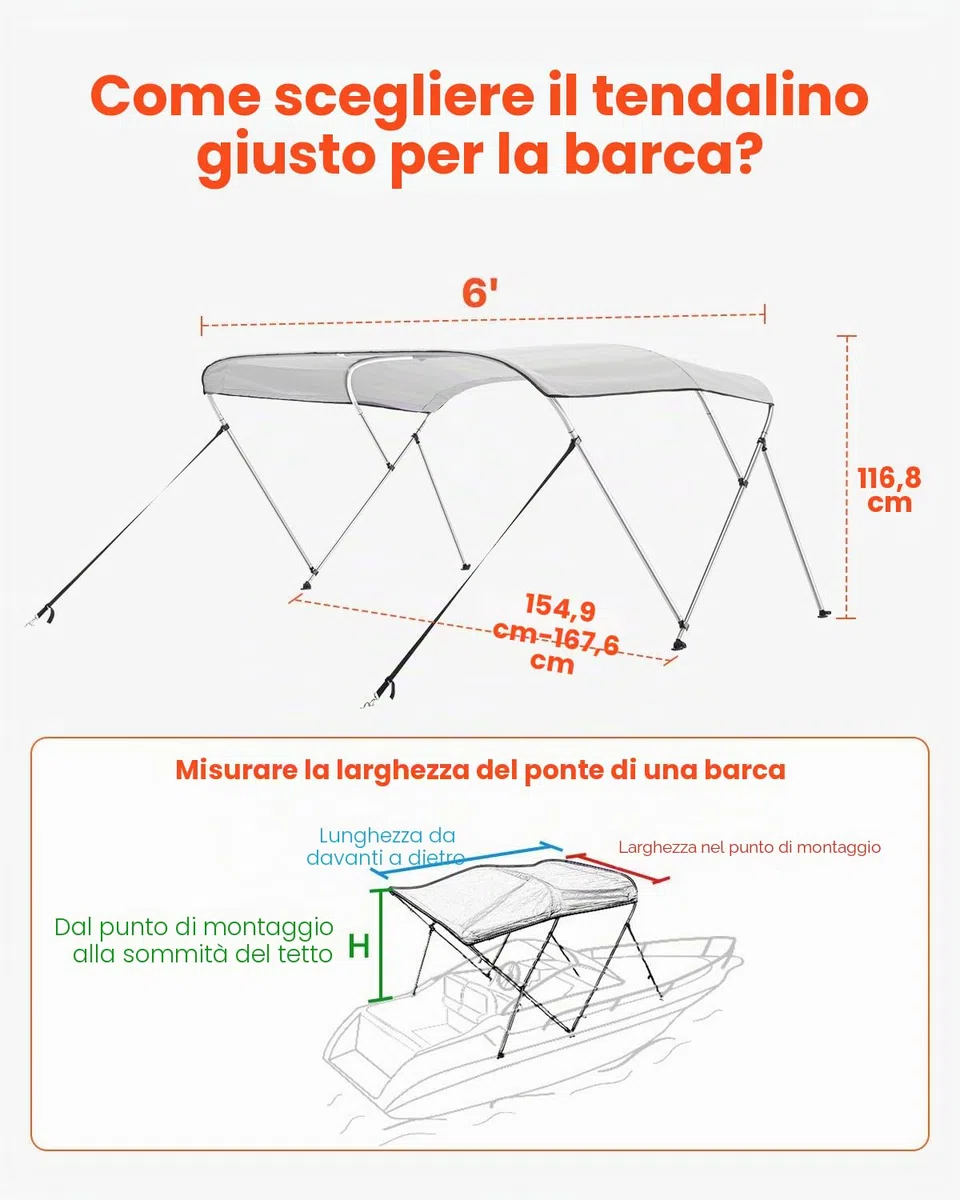 VEVOR Tendalino per Barca a 3 Archi, Parasole in Poliestere 600D con Telaio in Lega di Alluminio, Tettoia Parasole Impermeabile con Borsa Portaoggetti, Larghezza 155 a 168 cm Grigio Chiaro