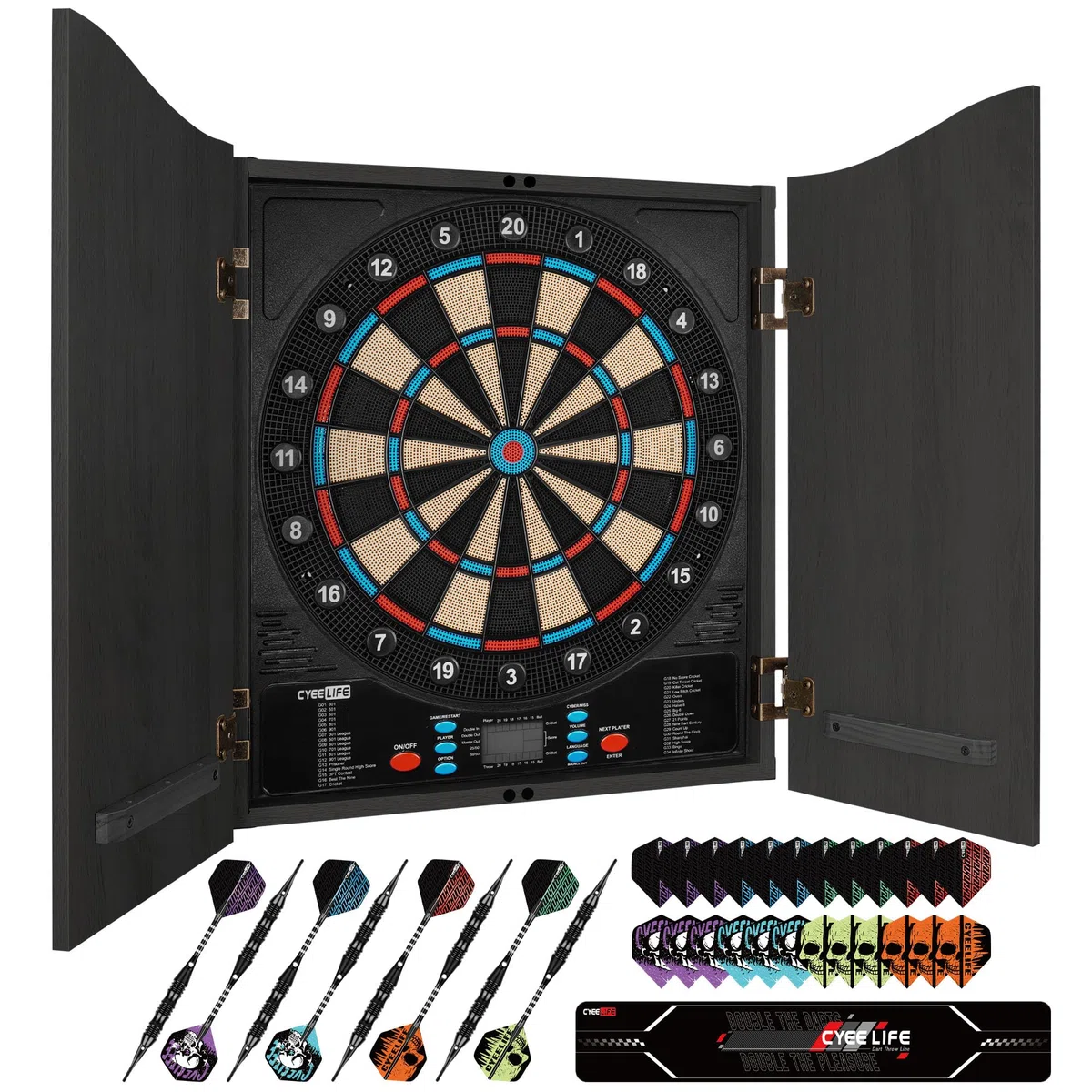 CyeeLife Bersaglio per Freccette Elettronico con Cabinet in Legno, Dartboard Elettronico, Bersaglio con 34 Giochi e 355 Varianti, Modalità per 8 Giocatori, Display LED