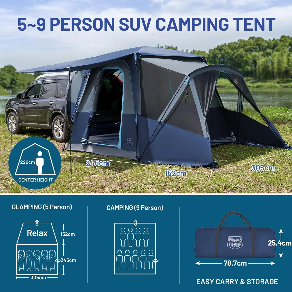 TIMBER RIDGE Tenda posteriore per 5 persone con veranda e tettoia, tenda da campeggio SUV per furgone o auto, inclusa copertura antipioggia e borsa portaoggetti, 397 cm x 305 cm x 220 cm