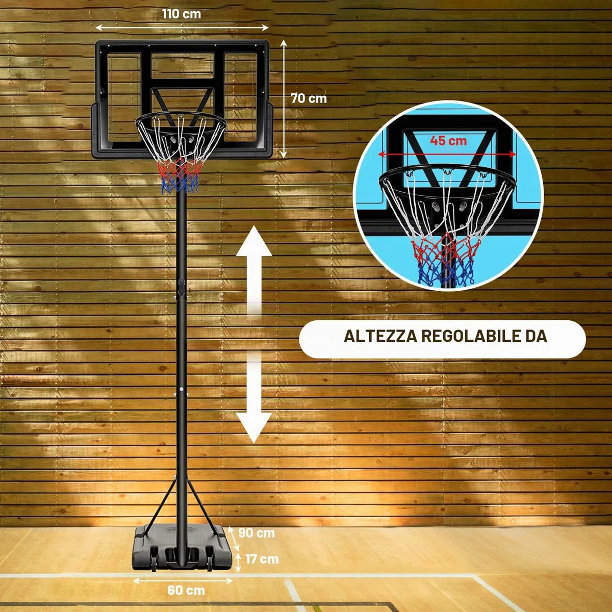 Canestro da Basket Portatile per Adulti, Canestro Basket Regolabile in Altezza 230-305 cm con Ruote Tabellone Infrangibile e Retina Durevole, Adatto a Interno Esterno