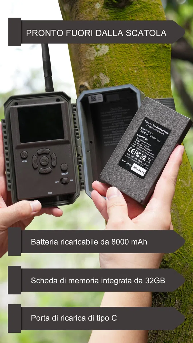 GardePro E6P Max Fotocamera da Caccia, WIFI, Batteria Ricaricabile da 8000mAh, Scheda SD Integrata, 64MP 1296P, Ampio Campo Visivo di 110°, Animali Movimento Attivato Visione Notturna Esterna