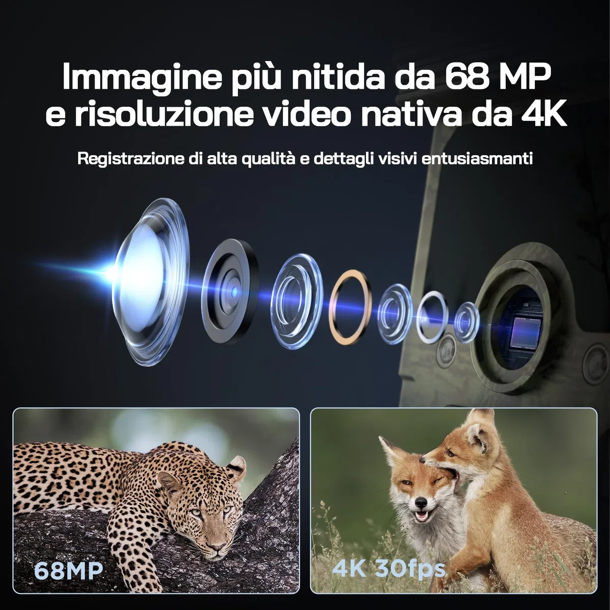 WOLFANG Fototrappola 68MP 4K 30fps, Solare Wi-Fi Bluetooth e App Fotocamera Caccia con Batteria Ricaricabile da 5200mAh, Angolo di Rilevamento 120°, Trigger 0,1S, Visione Notturna Impermeabile IP66