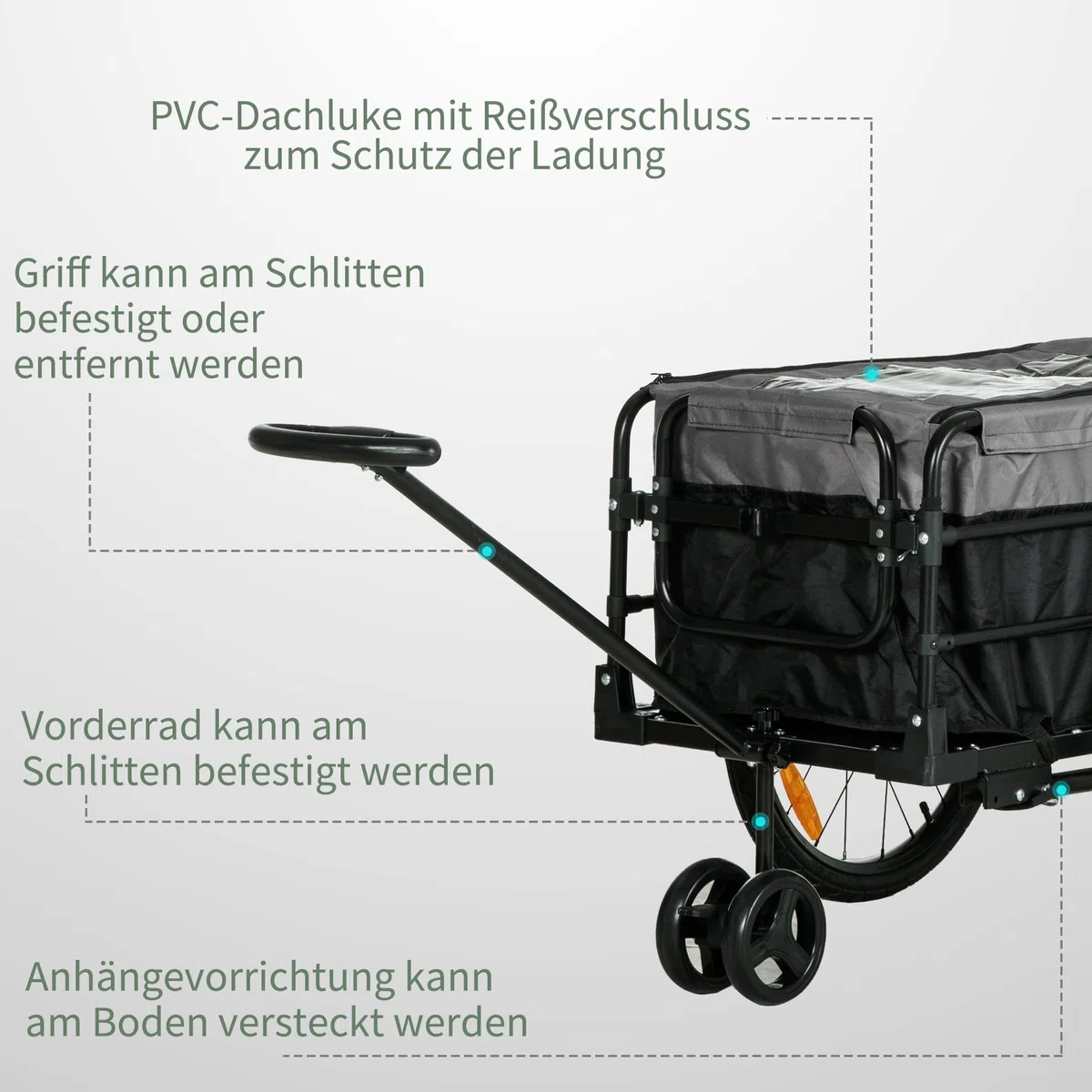 HOMCOM Rimorchio per bicicletta 2 in 1, rimorchio da trasporto, pneumatici da 20 pollici, capacità di carico 40 kg, in acciaio, tessuto Oxford, nero+grigio, 130 x 64 x 64/103 cm
