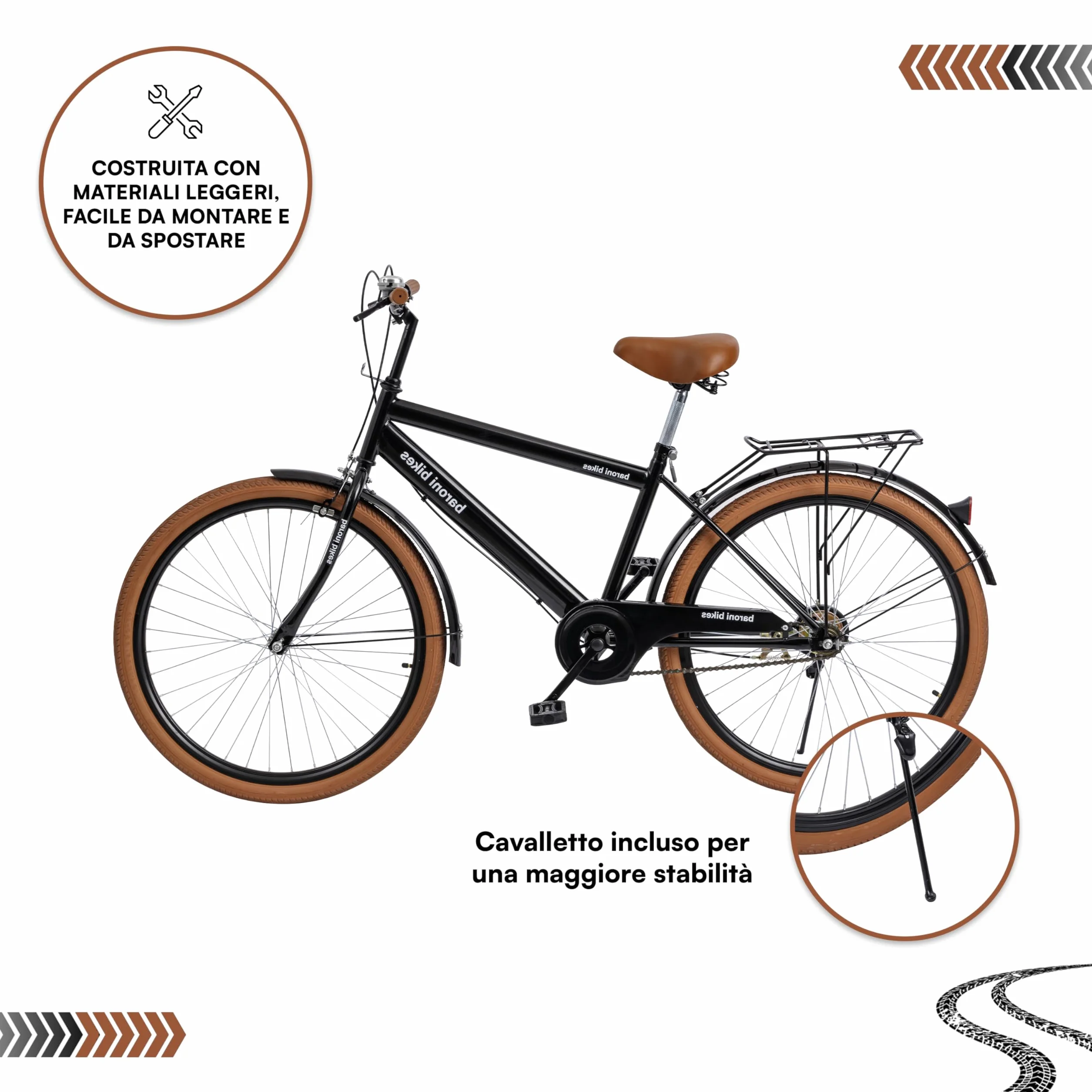 Baroni Home Bicicletta da Passeggio da Uomo e Donna, con Campanello, Manubrio e Sellino Regolabile, Bici con Doppio Freno Anteriore e Posteriore, City Bike, Nero e Marrone, 168x90 cm