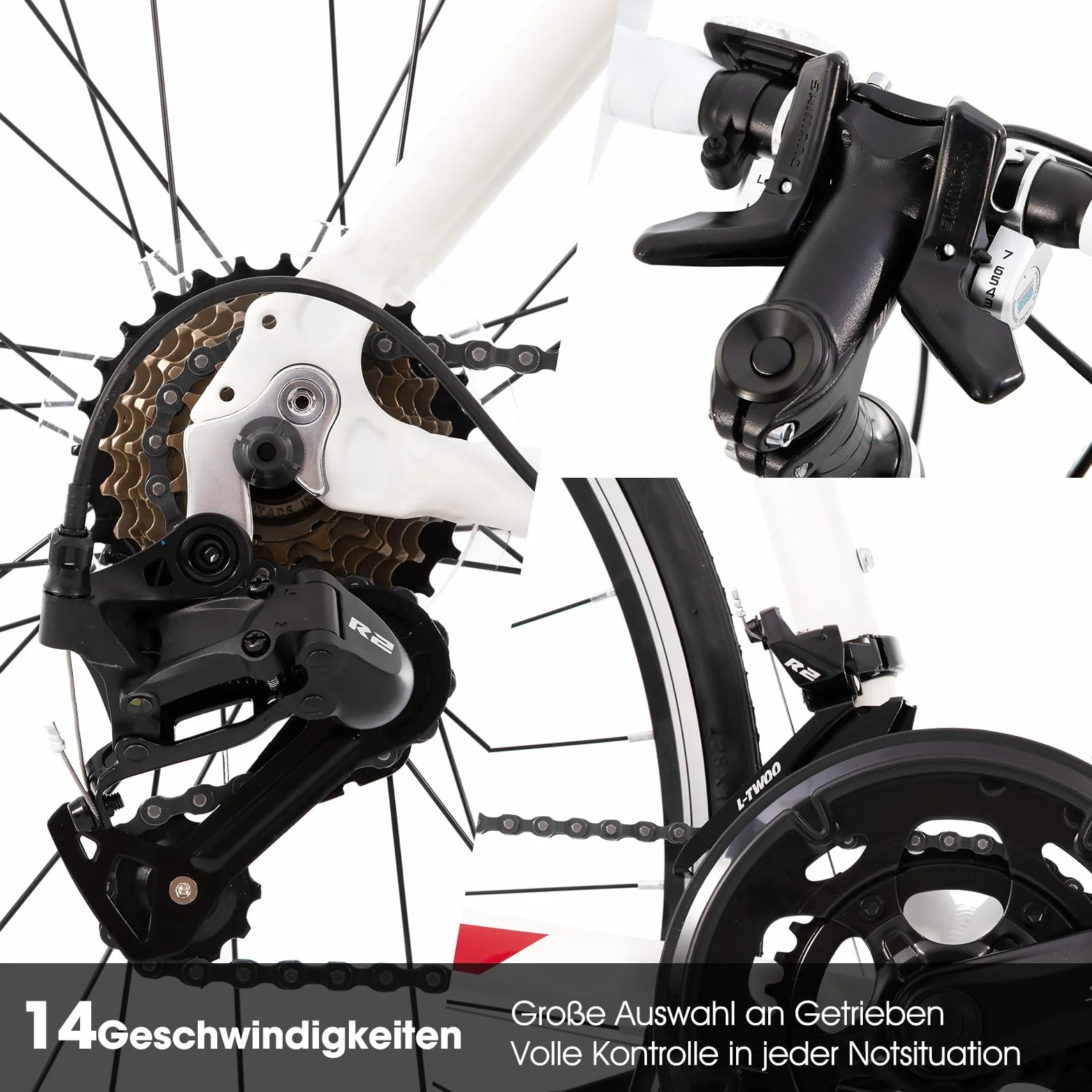 HILAND Bicicletta a pendolo ibrida da da 28 pollici, telaio in alluminio 700c bici da strada, per uomini e donne, 14 velocità, per adulti, telaio da 490/530/570 mm, Bianco/Nero