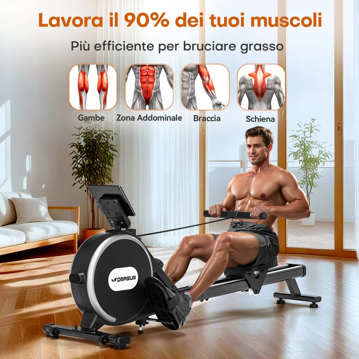 DMASUN Vogatore Magnetico, 16 Livelli di Resistenza Vogatore professionale per casa, Doppie guide scorrevoli in lega migliorate, compatibili con APP e capacità di carico massima di 160 kg
