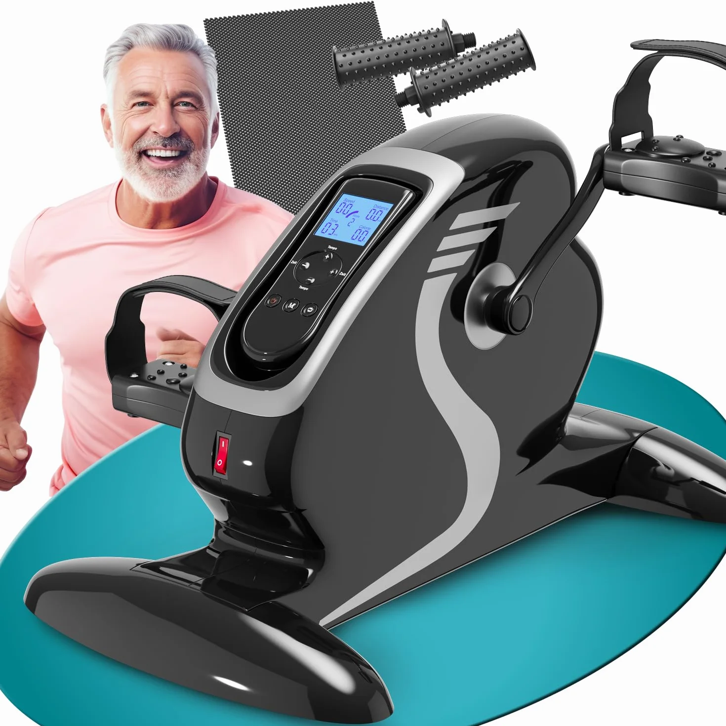 ELONEO Mini Cyclette da Casa - Attrezzo 2 in 1 per Esercizi di Braccia e Gambe da Seduti, Motorizzata, Pedaliera Riabilitazione, 12 Velocità, Display LCD, Maniglie Massaggianti, per Letto