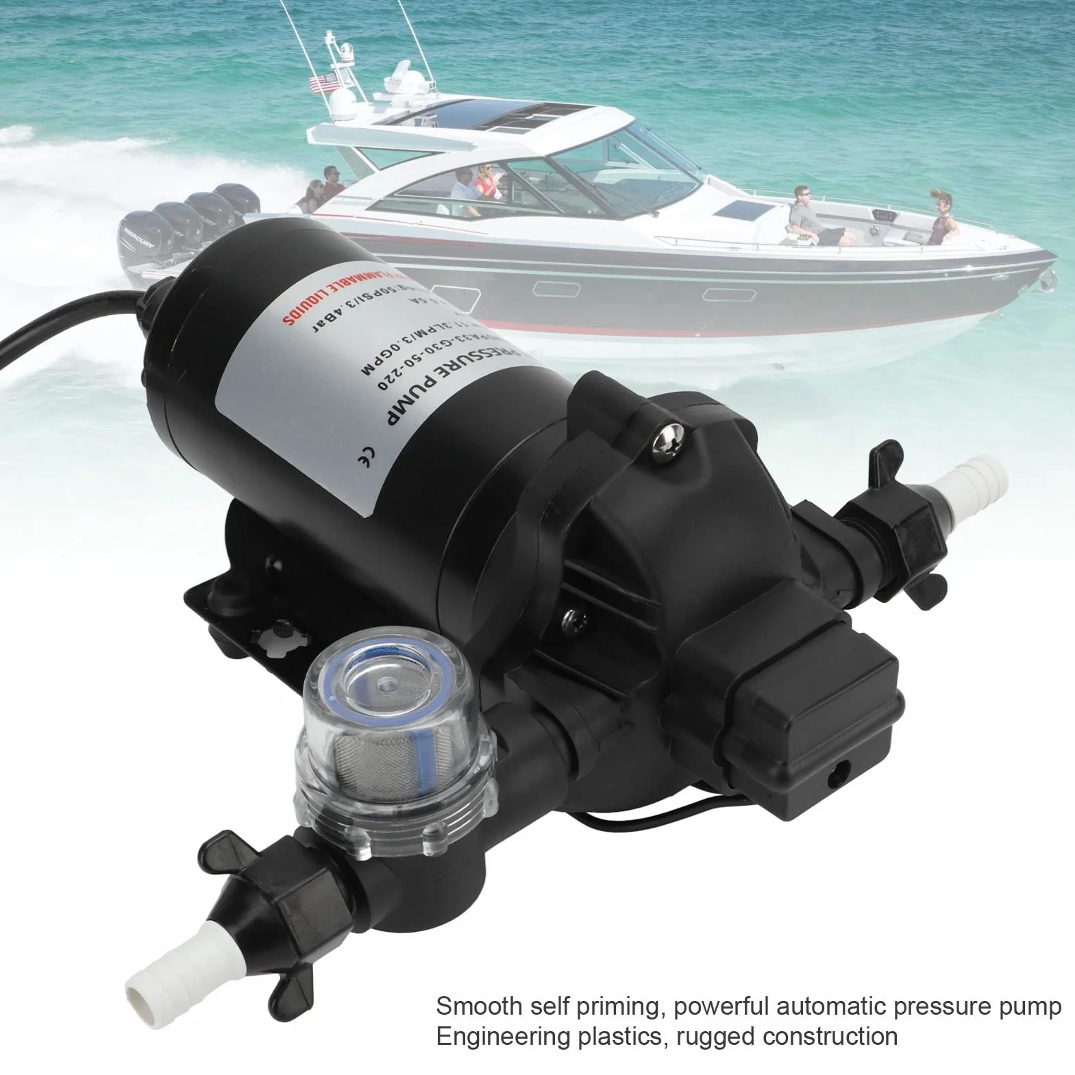 Tbest Pompa a Pressione dell'Acqua 220V 11.3LPM 50PSI, Pompa a Diaframma di Pressione dell'Acqua Autoadescante di Ricambio per Auto, Yacht, Roulotte, Barche Marine