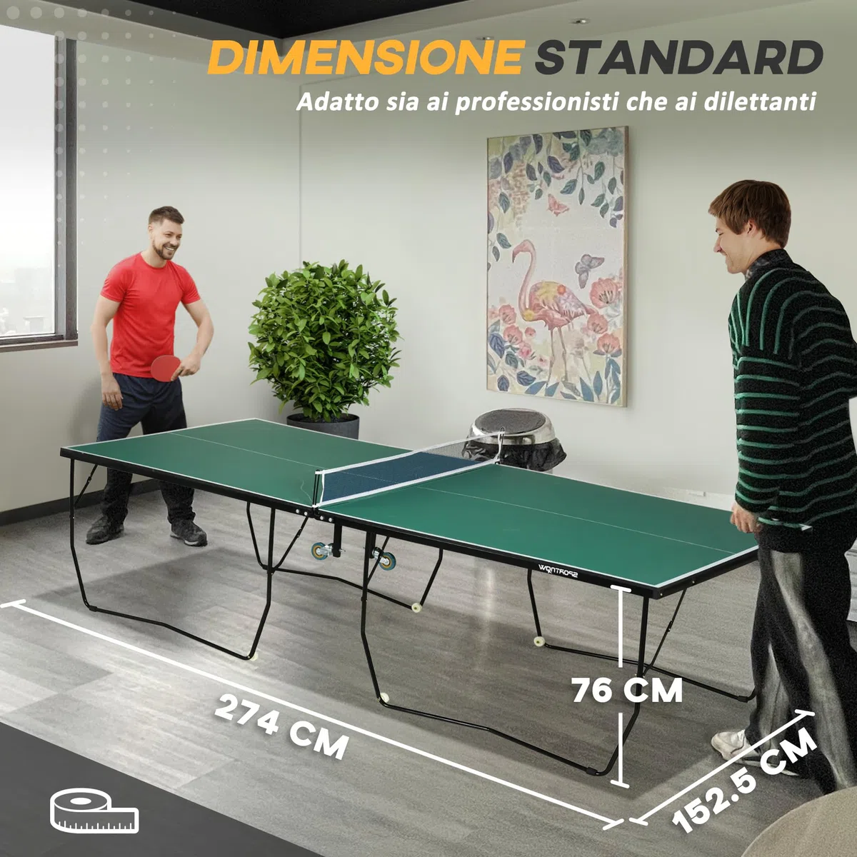 SPORTNOW Tavolo Ping Pong Pieghevole con 8 Ruote, Tavolo da Ping Pong Richiudibile con 2 Racchette, 3 Palline e Rete, 274x152.5x76 cm, Verde Scuro