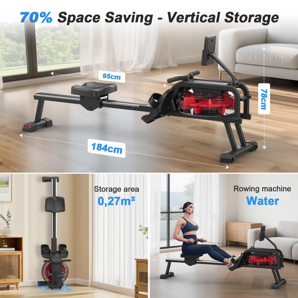 Neezee Vogatore, Vogatore Professionale per Casa con Binari in Acciaio Inox, Vogatore ad Acqua con Supporto per Tablet, Vogatore Resistente All'acqua e con Display LCD