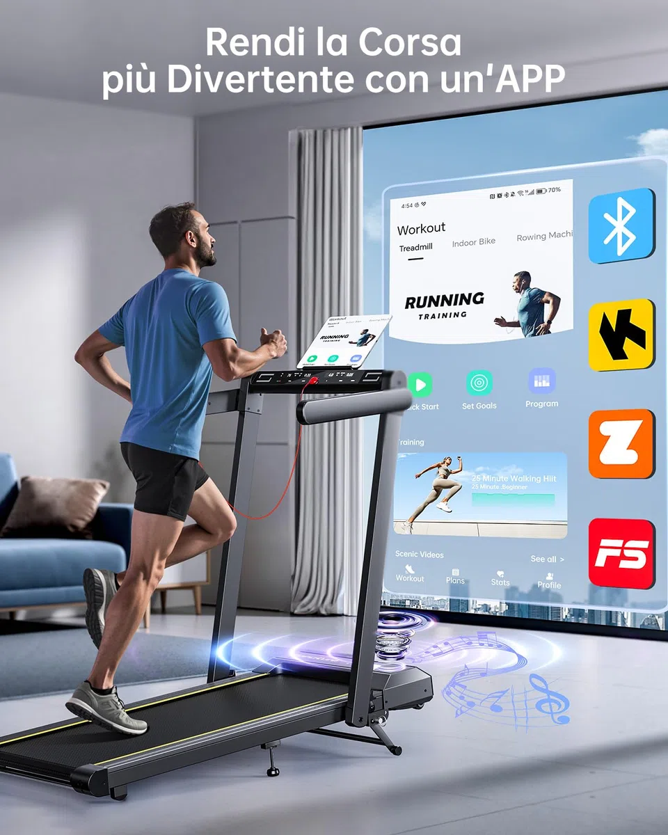 Tapis Roulant Elettrico Pieghevole 1-16km/h, Tapis Roulant con 12% Pendenza, Salvaspazio per Casa e Ufficio, Doppio Display LED, Cardiofrequenzimetro, 12 Programmi, APP e Telecomando