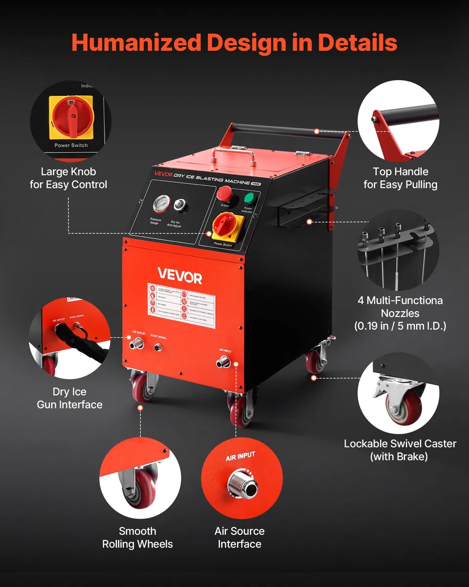 VEVOR Macchina per Pulizia con Ghiaccio Secco, capacità 5 kg con 4 Ugelli, Pulitrice a Ghiaccio Secco, Pressione Regolabili, per Auto, Navi, Aviazione, Prodotti Chimici, Sicuro e Senza Residui