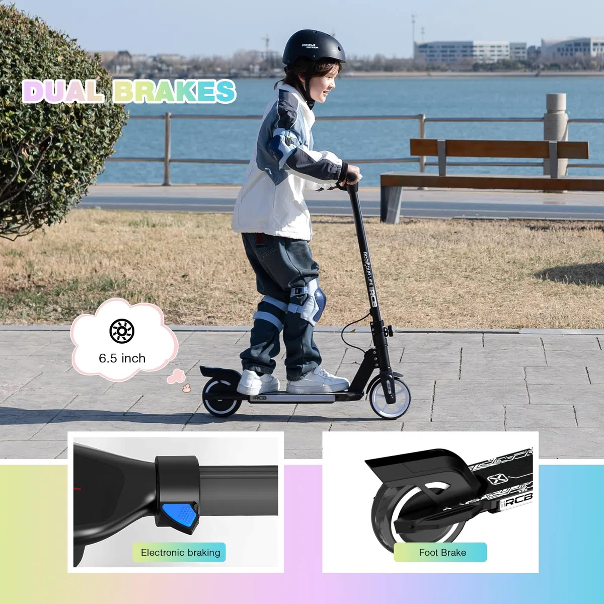 RCB R12 Monopattino Elettrico per Bambini 6-12 Anni, Max 15Km/h & 10 km, Luce LED Arcobaleno, 6,5" Pieghevole E-Scooter,Display a LED, Velocità Regolabili, Regalo per Bambini