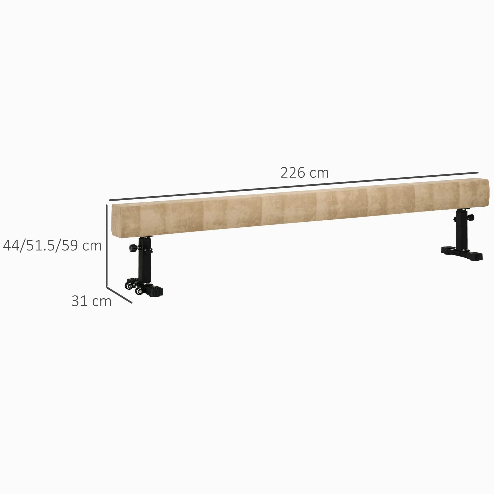 HOMCOM Trave Ginnastica Artistica da Casa con Altezza Regolabile, Ruote e Piedini Antiscivolo, per Bambini da 3-12 Anni, 226x31x59cm, Marrone