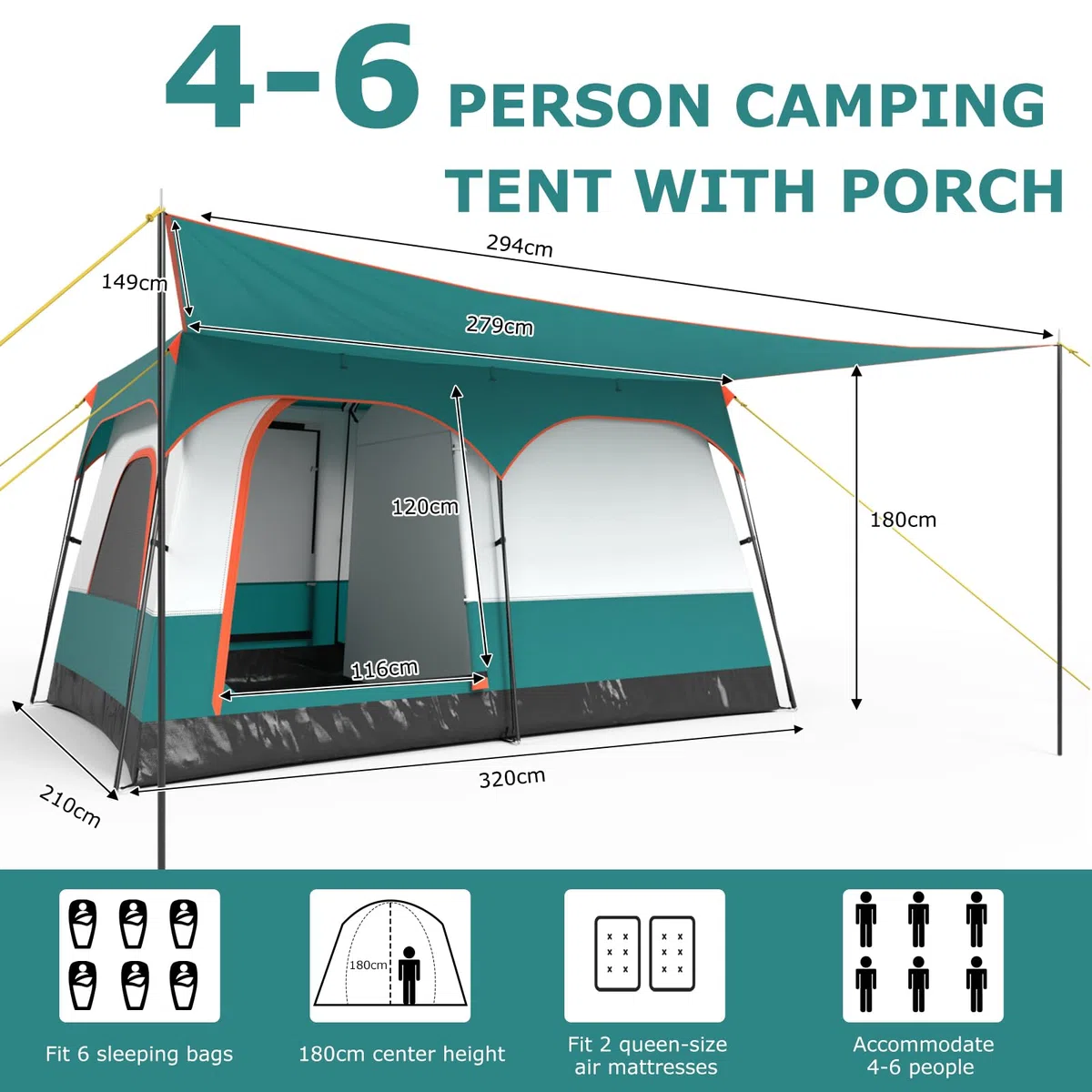HOMASIS Tenda Campeggio con Portico e 2 Camere, Tenda Familiare da Esterno con 2 Finestre e 2 Porte, Gancio per Appendere la Lampada, Tasca Portaoggetti, Borsa da Trasporto, Grigio e Verde