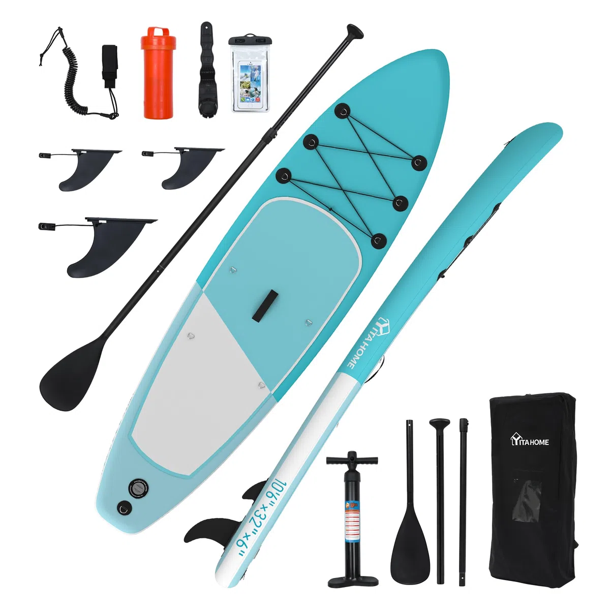 YITAHOME Tavola da surf gonfiabile con accessori SUP incluso zaino, borsa impermeabile, guinzaglio, pagaia regolabile, pompa, per ragazzi 320 x 81 x 15 cm, blu mare e bianco
