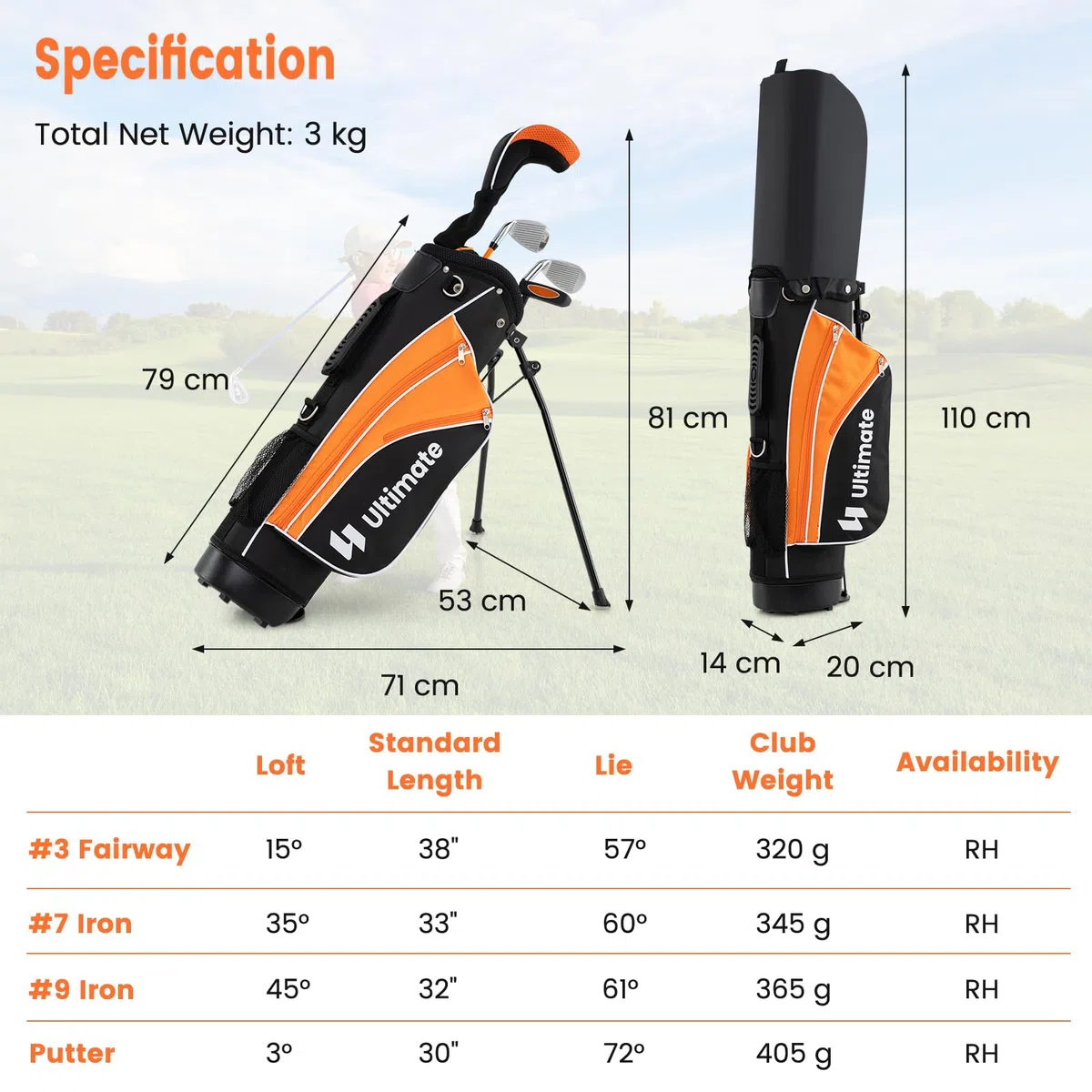 LIFEZEAL Pbastoni da golf per bambini destrimani con #3 Fairway, ferro #7 e #9, Putter, Cappotta, Attrezzatura da golf per bambini e ragazze da 8 a 10 anni