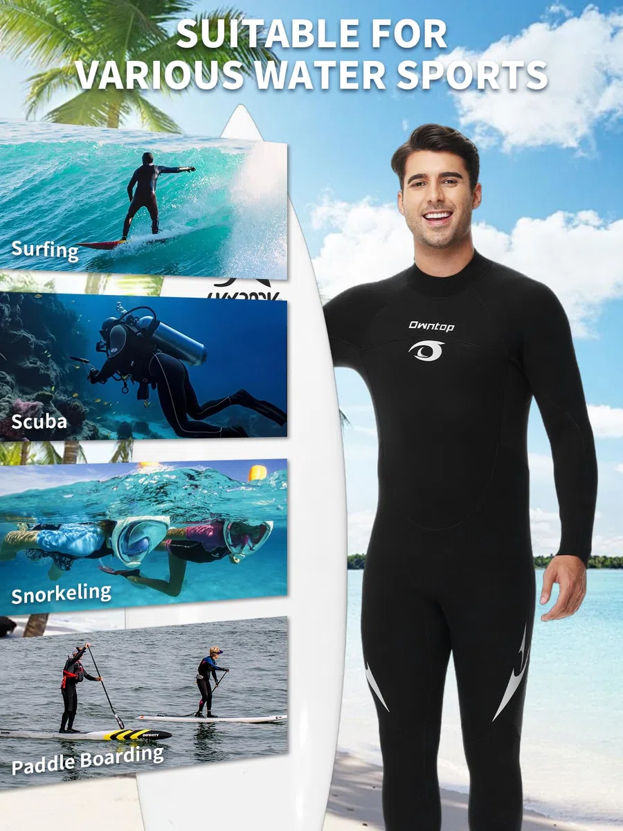 Owntop Muta da 5 mm per uomo e donna, in neoprene con cerniera posteriore, per adulti, lunghezza intera, pelle termica flessibile per immersioni in acqua fredda, surf, da uomo, nero, M